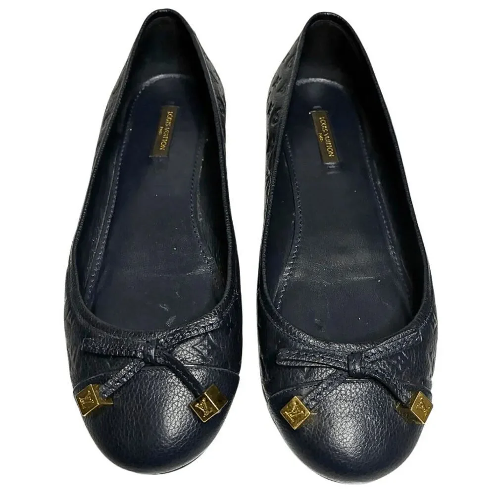 Louis Vuitton Debbie Monogram Cap Toe Bow Ballet Flats Navy Blue Leather EU 38